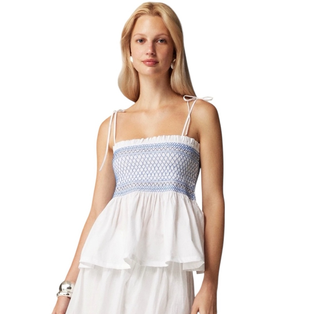 J. Crew White and Light Blue Smocked Peplum Camisole